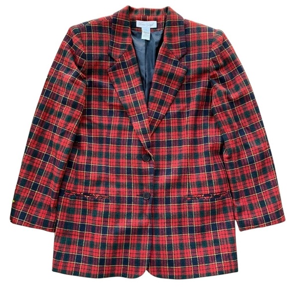 Laura Gayle Wool Blend Plaid Gingham Buttoned Blazer Jacket Red Navy Size 12 - Picture 1 of 6